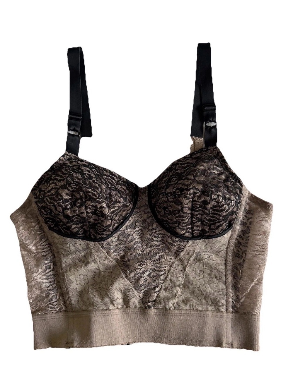 Rago Longline Bra Womens 38B Beige Black Lace Underwire Boning Shapewear 2202